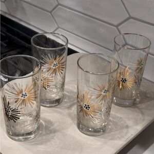 4 Vintage MCM Libbey Barware Firecracker Glasses Tumblers Gold/Teal Starbursts.